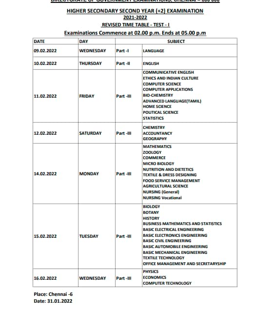 Tamil Nadu SSLC, 12th time table 2022 released for revision tests